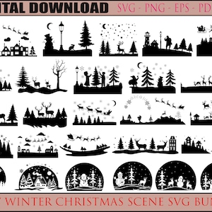 67 Scena di Natale invernale SVG, Scena invernale SVG, Scena magica di Natale, Renna di Babbo Natale SVG, Pacchetto Svg di Natale, Cervo Svg, Albero di pino Svg