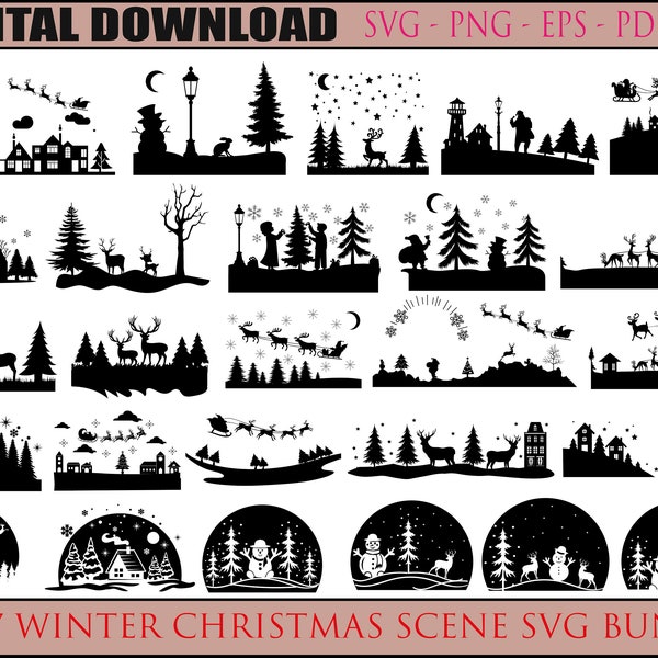 67 Winter Christmas Scene SVG, Winter Scene SVG, Magical Christmas Scene, Santa Reindeer SVG, Christmas Svg Bundle, Deer Svg, pine Tree Svg