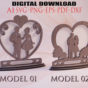 2 Models Couple in heart shape stand laser file, laser design, svg files, laser cut files, glowforge files, xtool files, files for laser