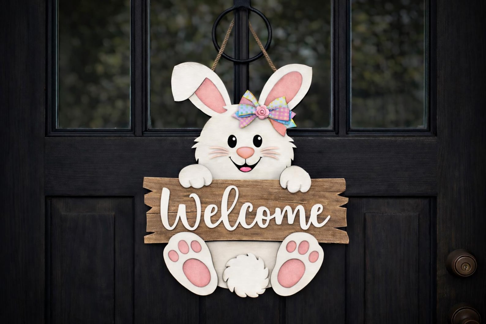 Easter Bunny Welcome Sign SVG Laser Cut Files: Spring Door Hanger SVG ...