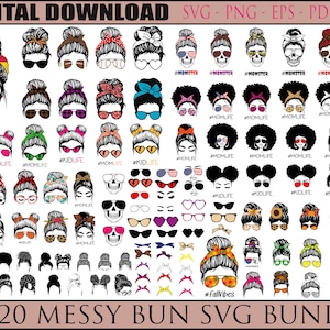 Messy bun svg Bundle , momlife svg ,Mom Life svg, mom skull svg, black woman svg,afro woman svg, messy bun png,USA mom svg,bun hair svg