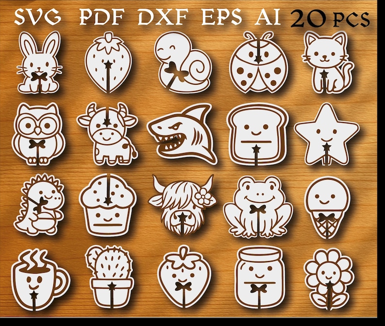 Op de afbeelding: Een verzameling van 20 SVG-, PDF-, DXF-, EPS- en AI-bestanden met verschillende illustraties in cartoonstijl. De ontwerpen omvatten een konijn, aardbei, slak, lieveheersbeestje, kat, uil, koe, haai, toast, ster, dinosaurus, cupcake, Schotse hooglander, kikker, ijs, koffiekopje, cactus, pot, bloem.