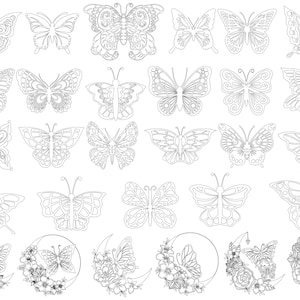 May include: A set of 30 black and white butterfly illustrations. The butterflies are in various poses and designs, some with intricate details. The illustrations are perfect for crafting, scrapbooking, or digital design.