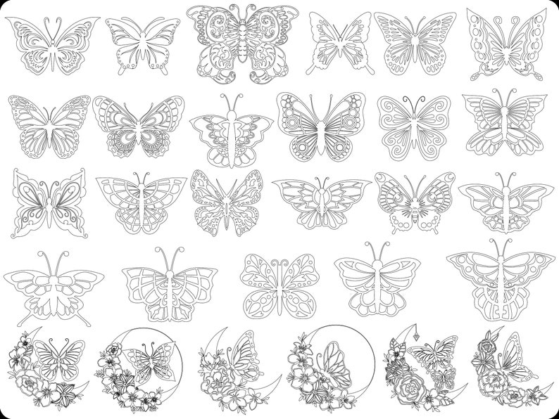 May include: A set of 30 black and white butterfly illustrations. The butterflies are in various poses and designs, some with intricate details. The illustrations are perfect for crafting, scrapbooking, or digital design.