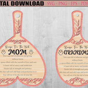 Peut inclure: Deux pancartes en bois en forme de cœur avec une recette pour la meilleure maman et grand-mère. Les pancartes sont roses et ont un motif floral. Le texte sur les pancartes dit : "Recette pour la meilleure maman/grand-mère. Deux tasses pleines d'affection et de don sans limites. Une cuillère remplie de la chaleur de l'amour et des soins. Un cœur plein de miséricorde et de tendresse. Des mains pleines de force et de patience. Mélangez bien et ajoutez de l'espoir et de la protection. Vous le verrez pour le reste de votre vie."
