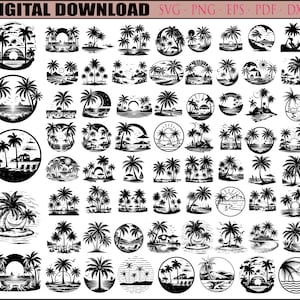 May include: A set of 48 black and white digital illustrations of palm trees, beaches, and sunsets. The illustrations are ideal for use in crafting projects, scrapbooking, or digital design.