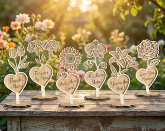Personalized stand flowers 6 bundle laser cut svg file Glowforge Mothers day flowers dxf vector Mothers day flowers laser cut Flowers laser