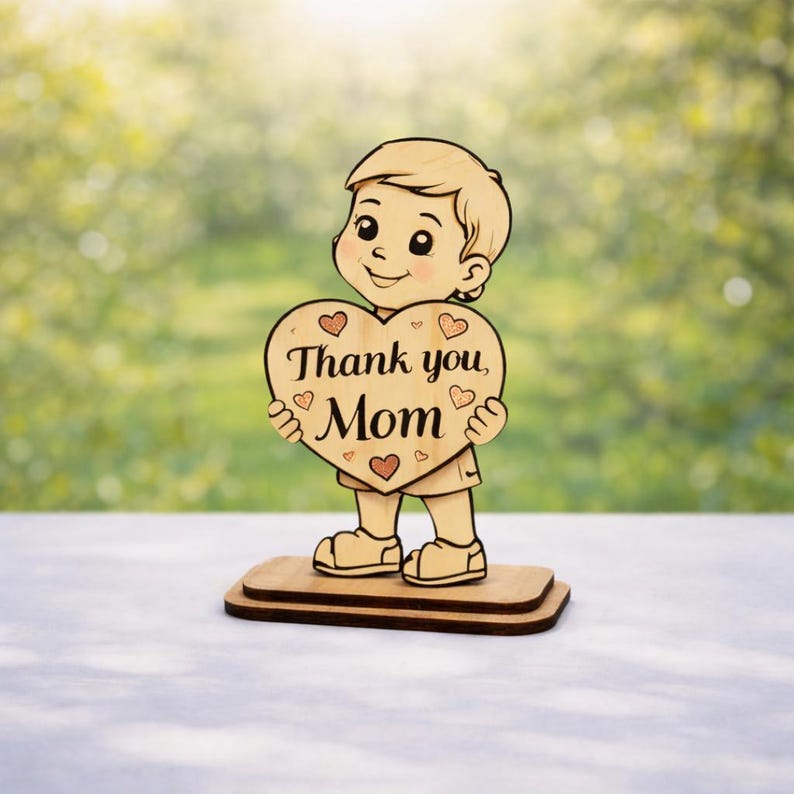 May include: Wooden figurine of a smiling child holding a heart-shaped sign that reads "Thank you Mom." The sign and the child are light brown, with small heart accents. The figurine stands on a rectangular base, perfect for a Mother's Day gift.
