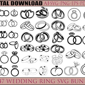 Pacchetto di fedi nuziali SVG, anello SVG, matrimonio SVG, clipart, silhouette, Cricut, anello di fidanzamento SVG, matrimonio SVG