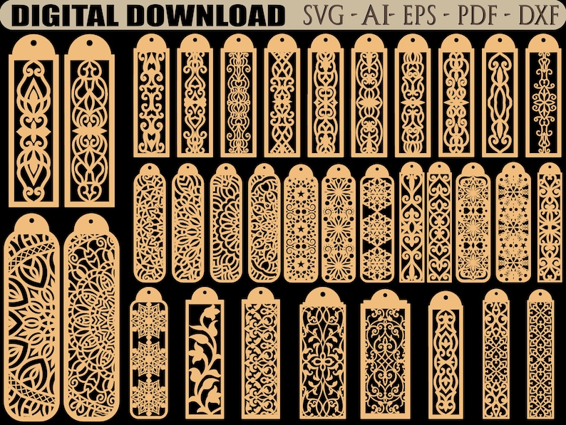 May include: Set of 25 digital download bookmark designs featuring intricate patterns and designs. The bookmarks are in a light brown color and are perfect for laser cutting or printing.