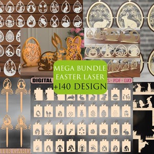 Easter Laser cut Mega Bundle, 140 Easter lasercut deisgns, 3D Happy Easter laser cut SVG, pop up card, wooden lanterns, ornament, stands svg