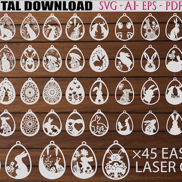 45 Ostern Mega Laser Cut SVG Bundle, Hasen Ornamente SVG, Ostern Laser Cut SVG Dateien, Osteraufhänger SVG, dxf eps