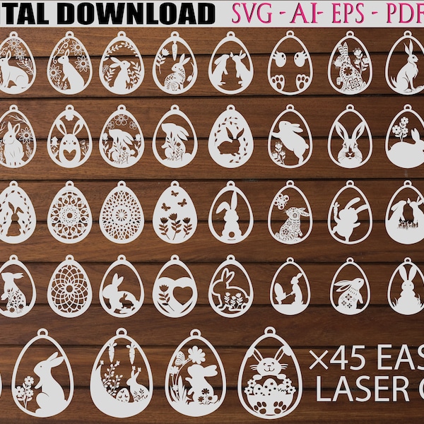 45  Easter Mega Laser Cut Svg Bundle, Bunny Ornaments Svg,Easter Laser Cut svg files, Easter Hanger svg, dxf eps