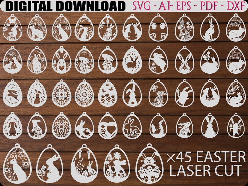 45 Wielkanocny Mega Laser Cut SVG pakiet, ozdoby Bunny SVG, Wielkanocne pliki SVG wycinane laserowo, Wielkanocny wieszak SVG, DXF EPS zdjęcie 1