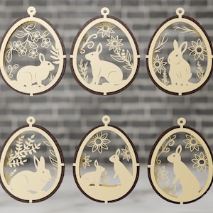 3D Easter Laser Cut Hanging Ornaments Egg Rabbits SVG layered Decor, Floral Bunny multilayer Digital Download