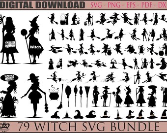 May include: A digital download graphic bundle featuring 79 witch-themed SVG designs. The black silhouettes include witches with brooms, hats, and cauldrons. The text "DIGITAL DOWNLOAD" and "79 WITCH SVG BUNDLE" are at the top and bottom.