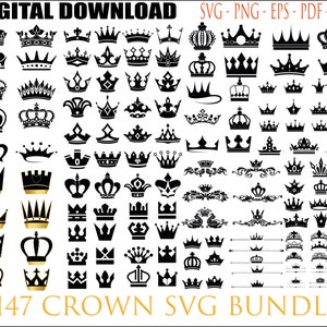 147 Crown SVG Bundle, Crown PNG Bundle, Royal Crown SVG, Princess Tiara Svg, King Crown, Queen Crown Svg, File For Cricut, Silhouette