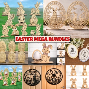 May include: A collection of wooden Easter decorations featuring bunnies, eggs, and floral designs. Includes freestanding figures, egg-shaped ornaments, and door hangers. The text "EASTER MEGA BUNDLES" is displayed in red.