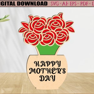 Peut inclure: Une découpe en bois d'un vase avec des roses rouges et le texte "Happy Mother's Day".