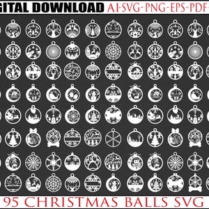 95 kerstballen Svg, kerstornament Lasergesneden SVG-bundel, set van kerstspeelgoed, kerst SVG-bundel