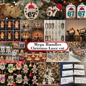 Może przedstawiać: Kolekcja wycinanych laserowo ozdób i dekoracji świątecznych. Zawiera drewniane ozdoby w kształcie swetrów z imionami, ozdoby z rokiem 2025 oraz różne świąteczne wzory. Na zdjęciu znajdują się również świeczniki i uchwyty na karty podarunkowe.