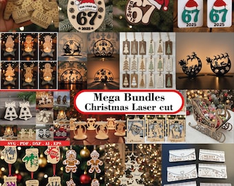 May include: A collection of laser-cut Christmas ornaments and decorations. Includes wooden sweater-shaped ornaments with names, tree ornaments, candle holders, and gift card holders. The text "Mega Bundles Christmas Laser cut" is visible.