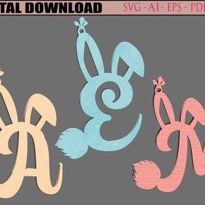 Etiqueta de letra de monograma de conejito de Pascua, signo de Pascua del alfabeto, decoración de Pascua, letras de conejito svg, alfabeto de oreja de conejo, corte láser de primavera, svg, eps, ai