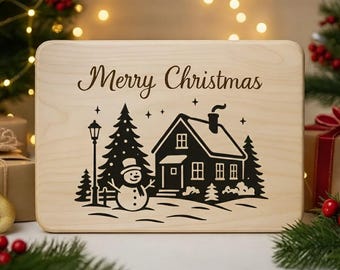 Christmas Village SVG Laser File, Merry Christmas SVG, Engraving Design for Cutting Board, Winter Christmas Scene, Kitchen Decor Gift