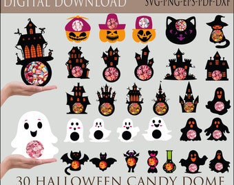 30 Halloween Candy Dome SVG Big Bundle, Porta caramelle di Halloween SVG, Ornamenti di caramelle SVG, Porta cioccolato in formato SVG, Regali Dolcetto o scherzetto, clipart