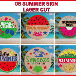 Summer Laser Sign Bundle, Digital download, Round door hanger svg, Glowforge laser file, Cricut cut file, Hello sunshine welcome sign, laser