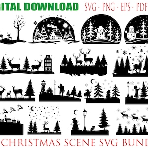 Scena di Natale invernale SVG, Scena invernale SVG, Scena magica di Natale, Renna di Babbo Natale SVG, Pacchetto Svg di Natale, Cervo Svg, Albero di pino Svg