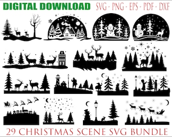Winter Christmas Scene SVG, Winter Scene SVG, Magical Christmas Scene, Santa Reindeer SVG, Christmas Svg Bundle, Deer Svg, pine Tree Svg