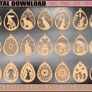 Paquete de 24 archivos SVG cortados con láser de Pascua, adornos de conejito SVG, archivos SVG cortados con láser de Pascua, percha SVG de Pascua, dxf eps