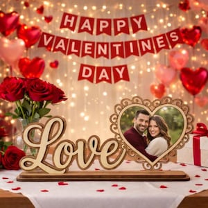 Peut inclure: Décoration de Saint-Valentin en bois avec le mot "Love" en écriture cursive. Un cadre photo en forme de cœur contient une photo de couple. Des roses rouges et des ballons en forme de cœur complètent la scène romantique, avec une bannière "Happy Valentines Day."