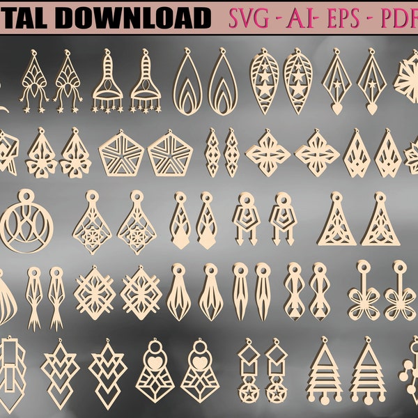 Geometric Earrings bundle laser cut svg file Glowforge elegant earrings vector cnc templates Earings dxf cut plan Digital download