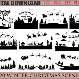 Escena de Navidad de invierno SVG, Escena de invierno SVG, Escena de Navidad mágica, Santa Reno SVG, Paquete de Navidad SVG, Ciervos SVG, Pino Svg