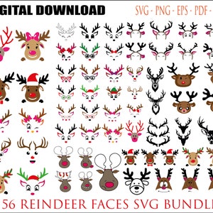 56 Weihnachts-Rentier-Gesichter, großes Bündel, Mädchen-Rentier, Rentier-Brille, Baby-Rentier-Svg, Rentier-Zuckerstange, Junge-Rentier-Svg, Weihnachten