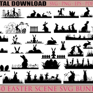 40 Ostern-Szene-Svg-Bundle, Kaninchen, Hase-Form-Svg, Hasen-Silhouette, Osterhase, digitaler Download für Cricut