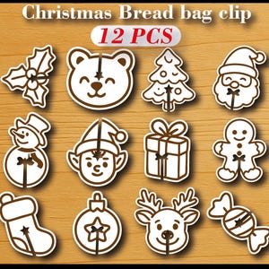 May include: A set of 12 Christmas-themed bread bag clips. The clips feature various festive designs, including a bear, Christmas tree, Santa, snowman, elf, gift, gingerbread man, stocking, ornament, reindeer, and candy.