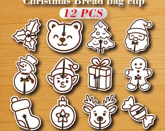 12 Kerstbroodzak clip houder bundel lasergesneden svg-bestand Glowforge broodzak svg Grappige Kerstmis, Kerstmis svg, Kerstmis laser svg