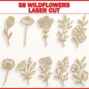 58 Wildflowers Bundle SVG DXF, Laser Cut Files Glowforge Silhouette Cricut, Flower Leaf Outline Line Art, Bouquet Wife Wood Ornament Decor