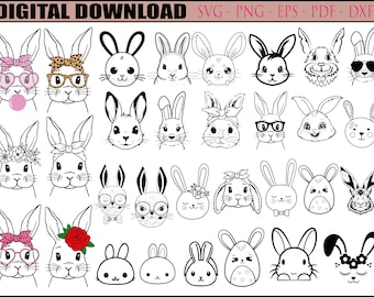 Puede incluir: Un conjunto de 25 ilustraciones de conejos en blanco y negro. Los conejos están dibujados en una variedad de poses, incluyendo sentados, de pie y sosteniendo huevos. Algunos conejos llevan accesorios, como lazos, gafas y flores.