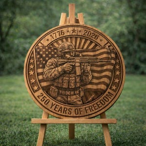 May include: A wooden plaque featuring a detailed relief carving of a soldier aiming a rifle, set against an American flag. The plaque is circular, with the text "1776" and "2026" at the top, and "250 YEARS OF FREEDOM" at the bottom. The plaque is displayed on a wooden easel.