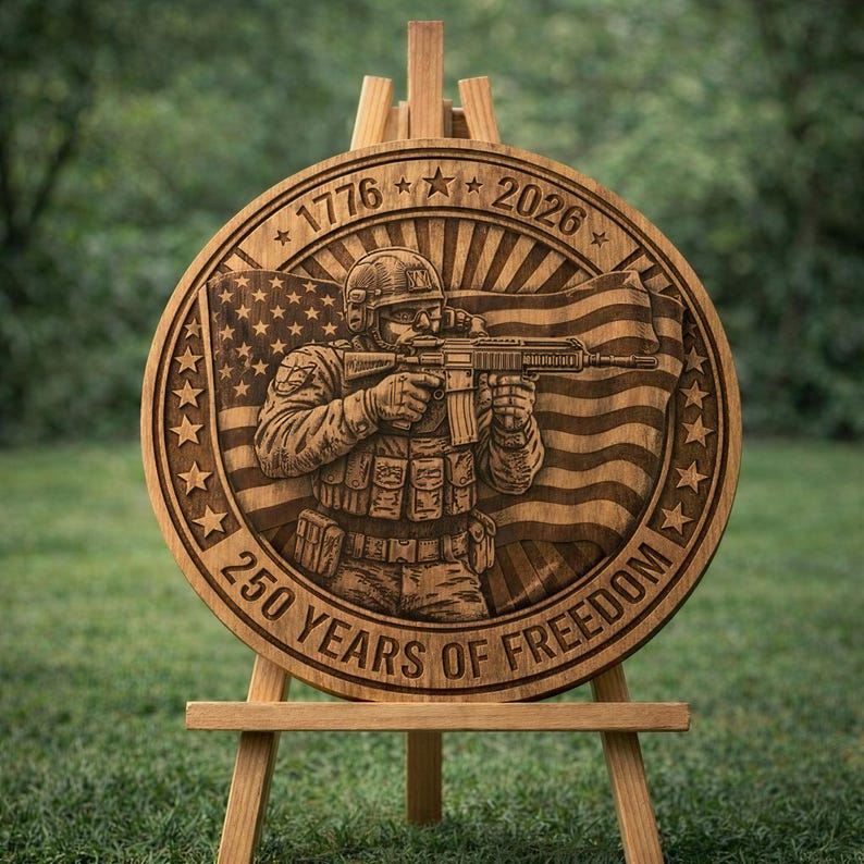 May include: A wooden plaque featuring a detailed relief carving of a soldier aiming a rifle, set against an American flag. The plaque is circular, with the text "1776" and "2026" at the top, and "250 YEARS OF FREEDOM" at the bottom. The plaque is displayed on a wooden easel.