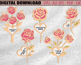 Happy Mother's Day Flower Gift , Mom Laser cut , 2 Layer SVG Laser Cut File , mother day glowforge, svg , pdf , ai , eps , dxf