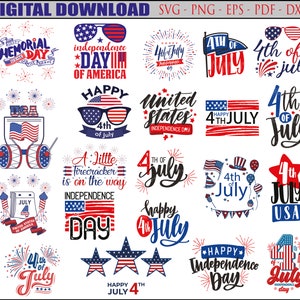 Peut inclure: Graphique numérique à télécharger avec divers motifs patriotiques pour le 4 juillet et le Memorial Day. Les motifs comprennent du texte, des feux d'artifice et des éléments du drapeau américain en rouge, blanc et bleu. Formats SVG, PNG, EPS, PDF et DXF.