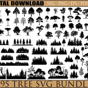 Pacchetto SVG da 95 alberi, silhouette di albero in formato SVG, albero in formato SVG, alberi in formato SVG, foresta in formato SVG, paesaggio in formato SVG, palma in formato SVG, file tagliati al laser, linea di alberi in formato SVG.