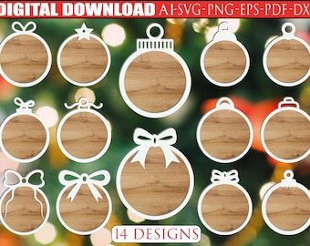 14 adornos SVG en blanco, adornos de madera personalizados SVG, paquete de adornos redondos SVG, archivos láser de adornos, adornos navideños SVG