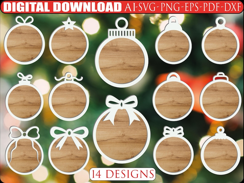 Puede incluir: Una colecci&oacute;n de 14 dise&ntilde;os de adornos navide&ntilde;os. Cada adorno tiene un centro con textura de madera y un borde blanco. Los dise&ntilde;os incluyen varias formas, como estrellas, lazos y adornos tradicionales. El texto "DESCARGA DIGITAL" est&aacute; en la parte superior.