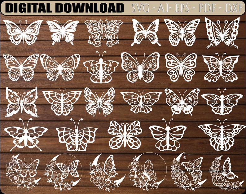 May include: A set of 30 digital cut files featuring various butterfly designs. The butterflies are white and are shown on a woodgrain background. The designs are perfect for crafting projects, such as scrapbooking, card making, and home decor.